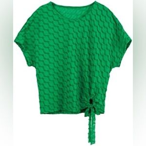 TELINVEY Short Sleeve Loose Fit Sheer w/ Embedded Metallic Thread &Tie Knot NWOT